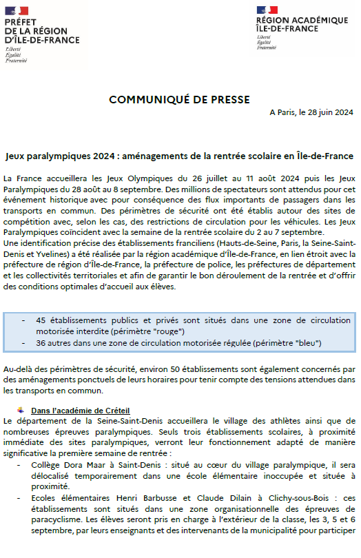 CP - Jeux paralympiques 2024 : aménagements de la rentrée scolaire en Île-de-France