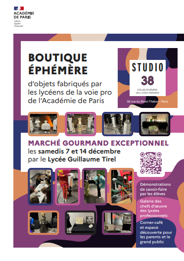 MARCHÉ GOURMAND EXCEPTIONNEL les samedis 7 et 14 décembre par le Lycée Guillaume Tirel au Studio 38 - 38 rue du Mont-Thabor - Paris